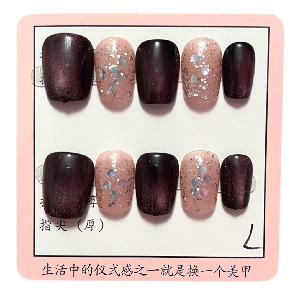 Stylish Handmade Purple And Pink Glitter Press-On Nails Size L